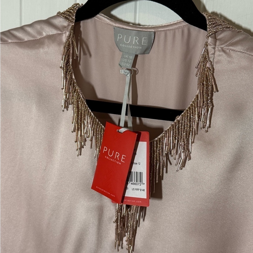 Pure Collection 100% Silk Top with Beaded Fringe in Light Pink - Picture 9 of 12